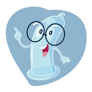Graphic of condom with smiley face with glasses