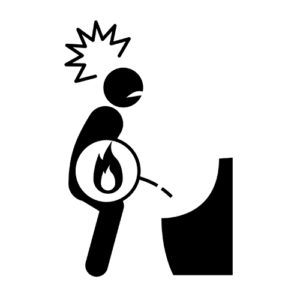 Icon of human figure in pain while urinating with fire icon
