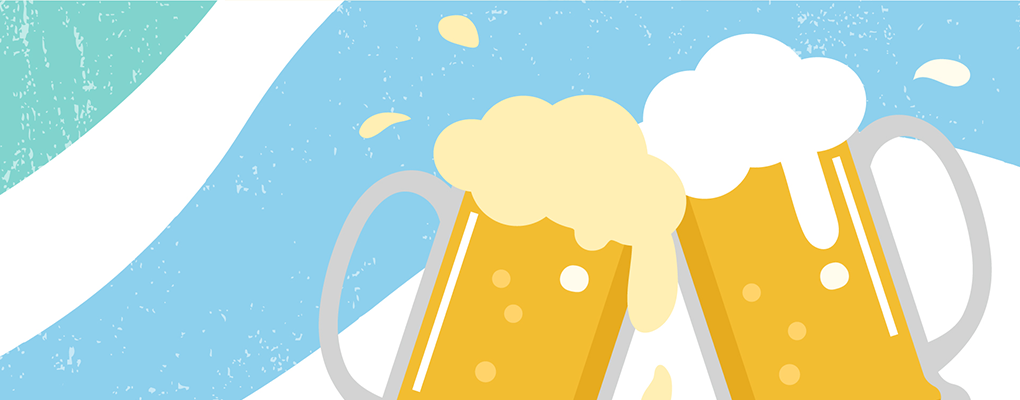 Two Beer Mugs on Blue Swirl Background
