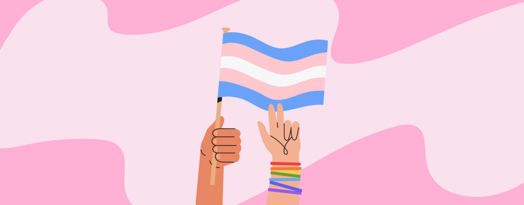 Illustration of hands holding the Transgender flag