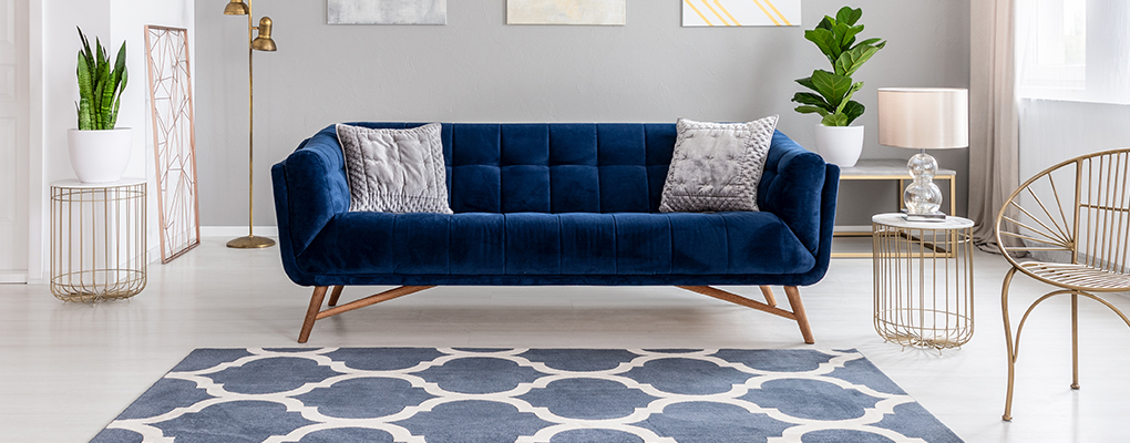 Stylish living room with blue couch