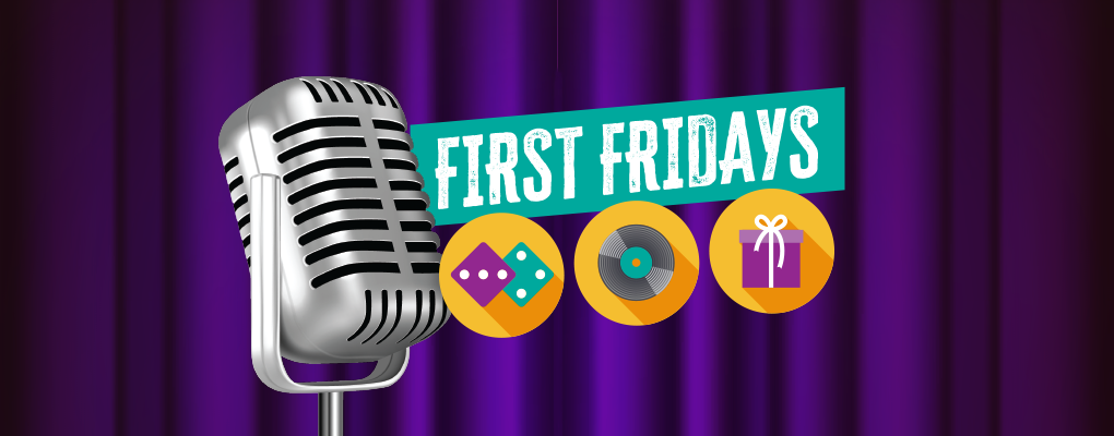 Graphic image for First Friday with microphone and icons